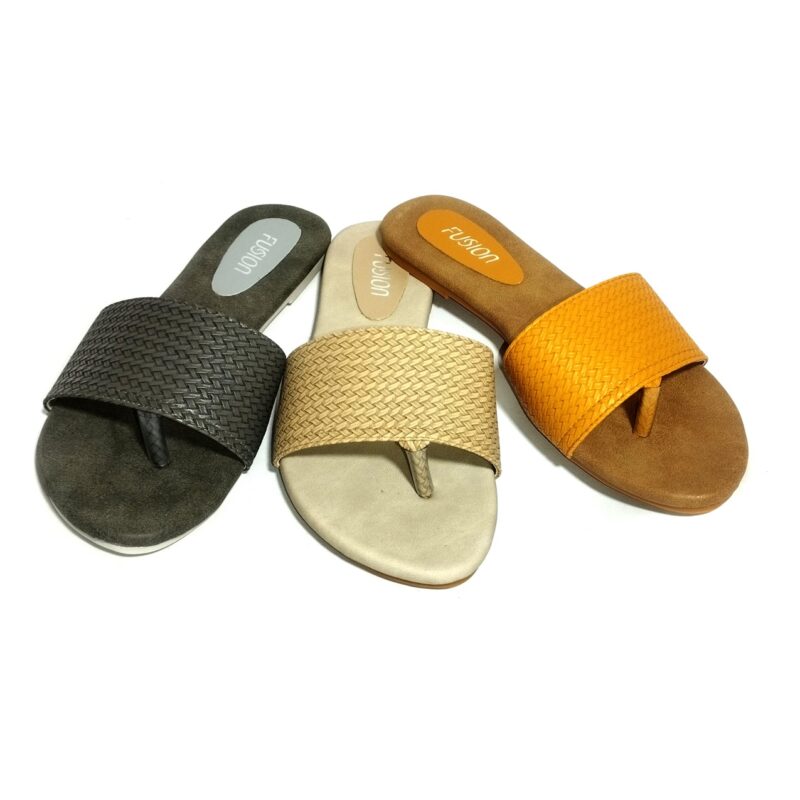 Ladies slippers with PVC sole, PU/synthetic upper, and insole, featuring fashionable design and premium materials from Fusion Seller by Samson Manufactures