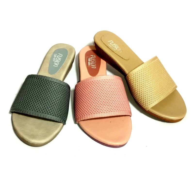 Ladies slippers with PVC sole, PU/synthetic upper, and insole, featuring fashionable design and premium materials from Fusion Seller by Samson Manufactures