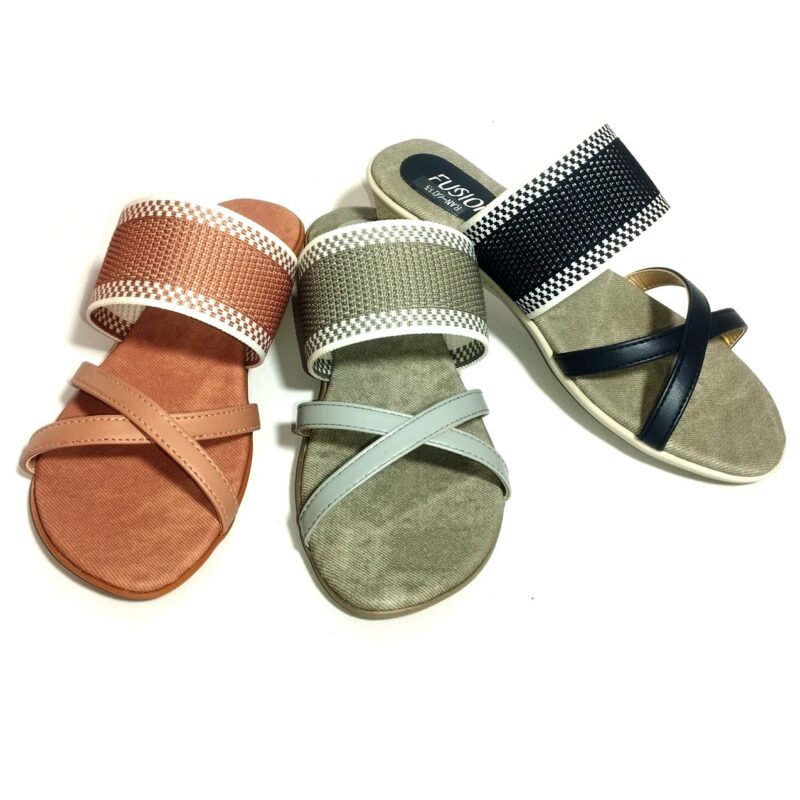 Ladies slippers and sandals with PVC sole, PU/synthetic upper, and insole, featuring fashionable design and premium materials from Fusion Seller by Samson Manufactures